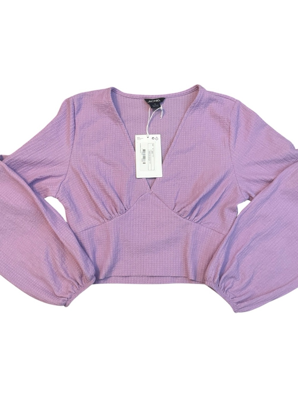 Monki Lavender Puff-Sleeve V-Neck Cropped Top